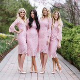 Fashion Pink Sheath Jewel Lace Knee Length Long Sleeve Bridesmaid Dresses